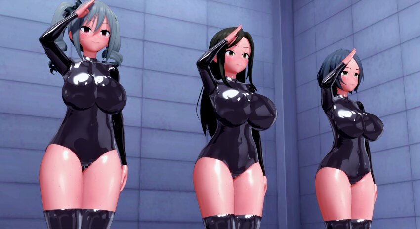 3d black_hair boots brown_eyes censored character_request drill_hair empty_eyes expressionless female_only femsub green_eyes grey_hair hayame_kanade huge_breasts iri. latex leotard long_hair multiple_girls multiple_subs ranko_kanzaki rubber saluting short_hair smile standing standing_at_attention tears the_idolm@ster thigh_boots thighhighs twintails wide_hips