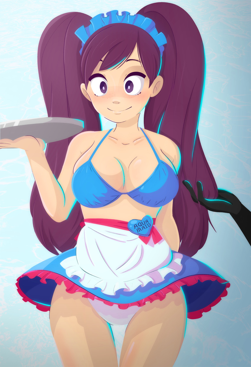 alternate_costume bikini_top disguised_hypnotist happy_trance maid maid_headdress megaman_(series) megaman_battle_network purple_hair shuko_kido standing_at_attention tagme text tray twintails
