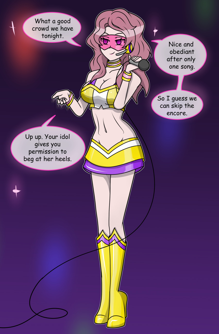 black_clover boots bracelet cleavage clothed collar collarbone empty_eyes english_text female_only femdom hy2300 hypnotic_music lipstick microphone midriff miniskirt navel pink_hair singing smirk speech_bubble standing text vanessa_enoteca visor