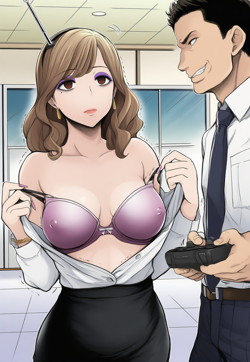 ai_art antenna body_control brown_hair earrings expressionless femsub game_controller hellsing002_(generator) high_heels lipstick long_nails makeup maledom mole nail_polish nipples office_lady open_shirt remote_control smirk suit tech_control trembling undressing