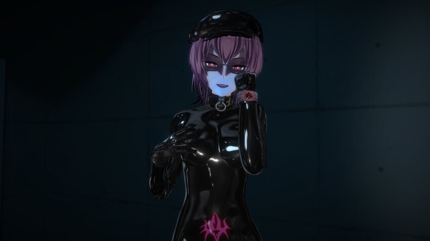 3d bangs beret black_lipstick blue_skin bodysuit breast_grab brown_eyes collar crotch_tattoo cuffs face_paint fangs female_only femsub glasses gloves glowing_eyes hat latex li_q looking_at_viewer original pink_eyes purple_hair rubber seductive_smile smile solo tight_clothing