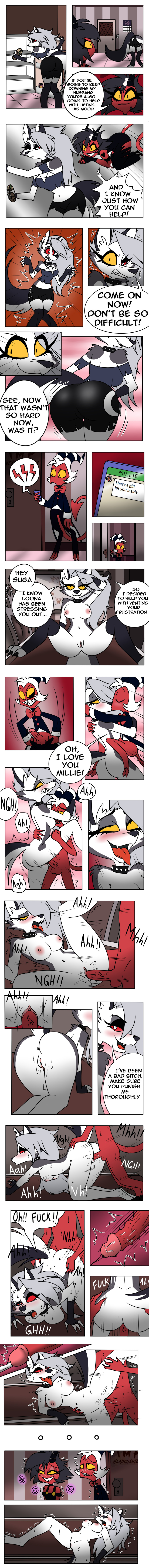 ahegao ass ass_focus bare_breasts bare_legs bare_shoulders barefoot black_eyes black_hair blush body_markings breasts chair comic cum cum_in_pussy demon_girl dialogue english_text femdom femsub furry happy_trance heart helluva_boss horns hug husband_and_wife kissing kneeling large_ass large_breasts legs long_hair looking_at_viewer loona_(helluva_boss) lying midriff millie_(helluva_boss) moxxie_(helluva_boss) navel nipples nude penis phone possession presenting pussy pussy_juice red_sclera red_skin resisting sex short_hair sitting smartdrawings smile speech_bubble spiral spread_legs sweat table tail tattoo tears text tongue tongue_out unhappy_trance wolf_girl yellow_sclera