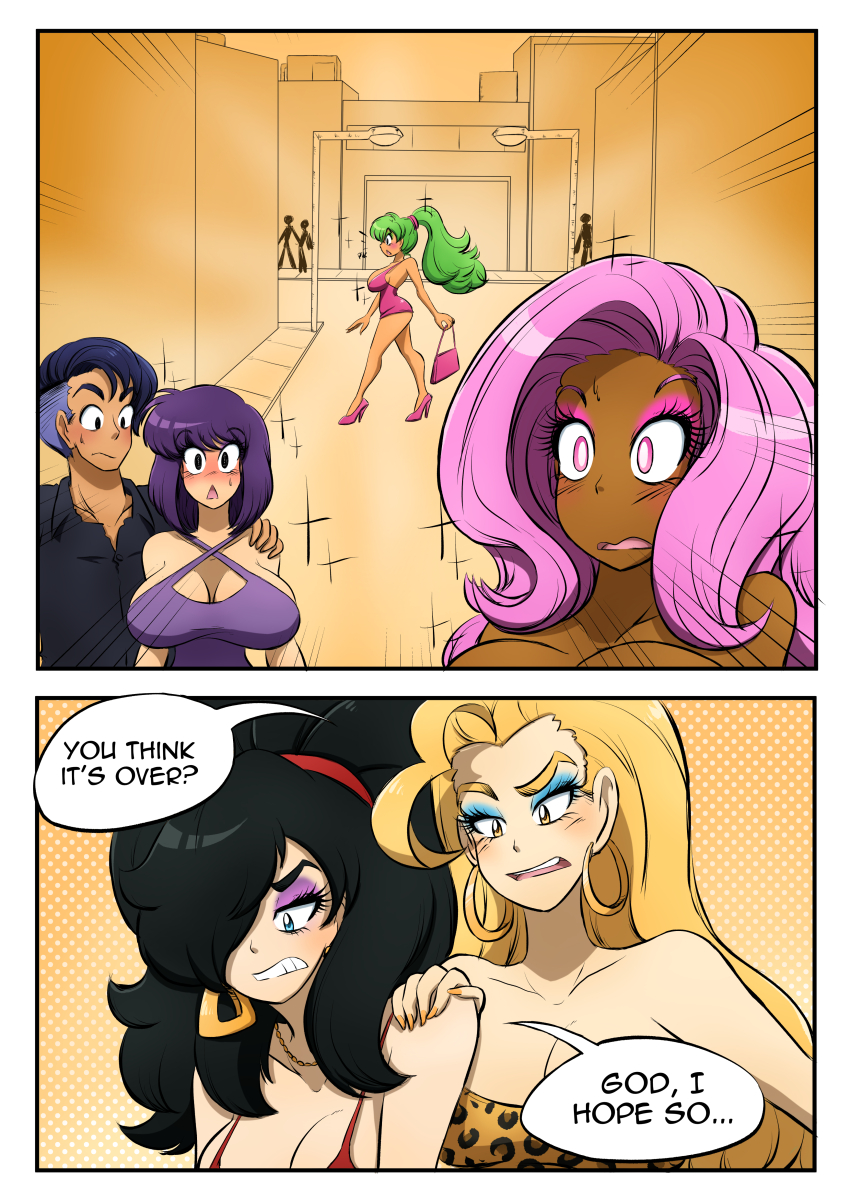 black_hair blonde_hair comic dress green_hair kobi94 large_breasts leopard_print long_hair original pink_hair ponytail purple_hair text trance_break transgender tube_top