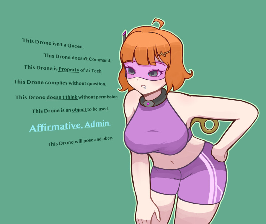 ahoge antenna bare_shoulders collar drool expressionless eyebrows_visible_through_hair female_only femsub green_background green_eyes hair_clips hand_on_hip legs mantra midriff multiple_methods_of_hypnosis navel orange_hair original posing short_hair shorts simple_background solo sonia_(the_goddess_sonia) sports_bra tech_control text visor wide_hips wind-up_key zires