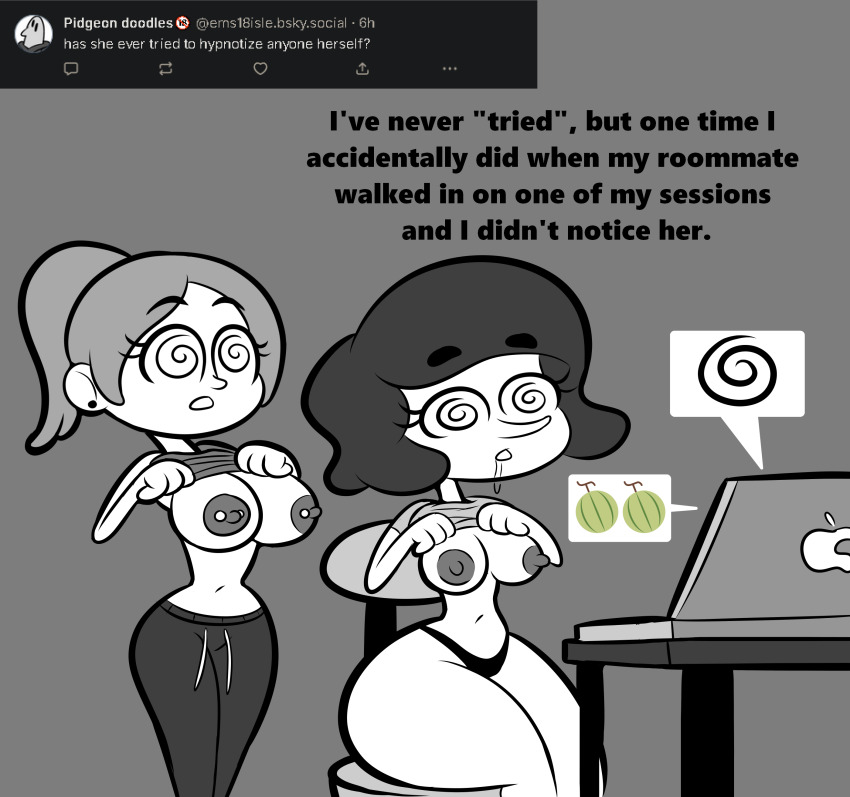 accidental_hypnosis apopop black_hair breasts drool femsub grey_hair hypnotic_screen laptop large_breasts multiple_girls multiple_subs open_mouth original ponytail sally_(apopop) shirt_lift short_hair sitting spiral_eyes tech_control text undressing white_skin