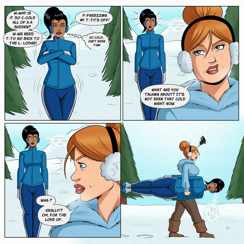 black_hair blue_eyes blueshift_(polmanning) boots border carrying catalepsy clothed coat comic crossed_arms dark_skin earmuffs english_text expressionless female_only femsub gloves hoodie humor jacket light_skin long_hair meta original outdoors pants polmanning ponytail red_hair short_hair shrunken_irises sidecut single_hair_bun snow speech_bubble standing standing_at_attention svetta_(svettak92) sweater text thought_bubble trees