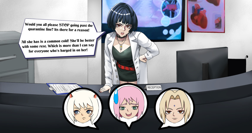angry black_hair blonde_hair blue_eyes breasts brown_eyes choker estellise_sidos_heurassein female_only final_fantasy final_fantasy_xiv green_eyes lab_coat multiple_girls naruto_(series) persona_(series) persona_5 pink_hair red_eyes sixmi34 tae_takemi tales_of_(series) tales_of_vesperia tsunade virus white_hair y&#039;shtola
