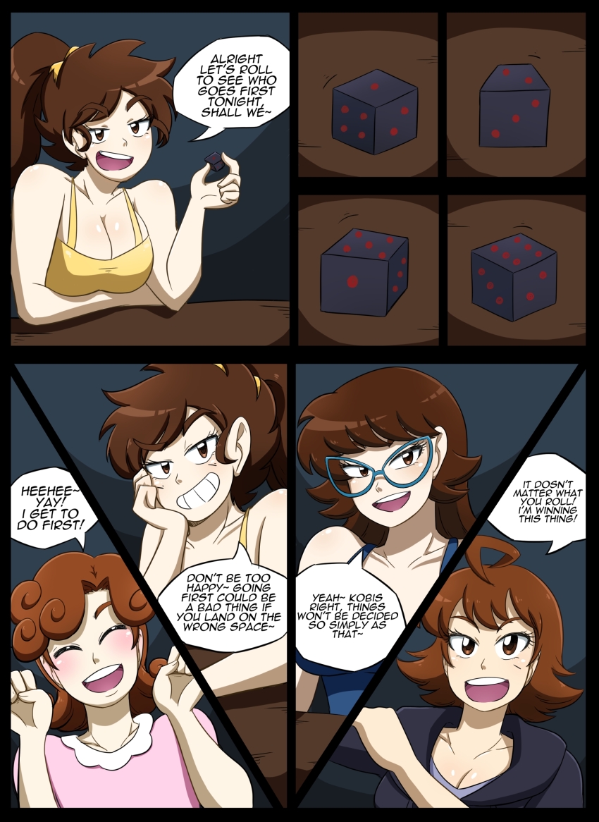 ahoge brown_eyes brown_hair cleavage comic curly_hair glasses hoodie kobi94 long_hair ponytail short_hair speech_bubble