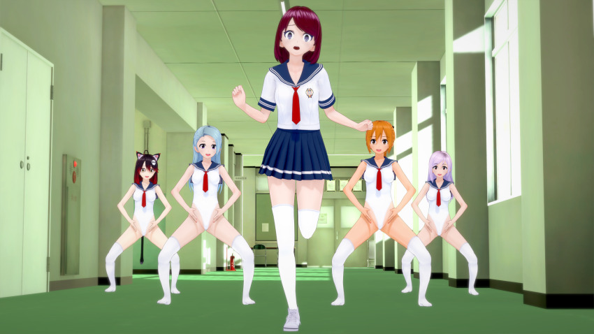 3d body_control femsub haigure haigure_ayami_(artist) happy_trance leotard multiple_girls multiple_subs original school_uniform swimsuit