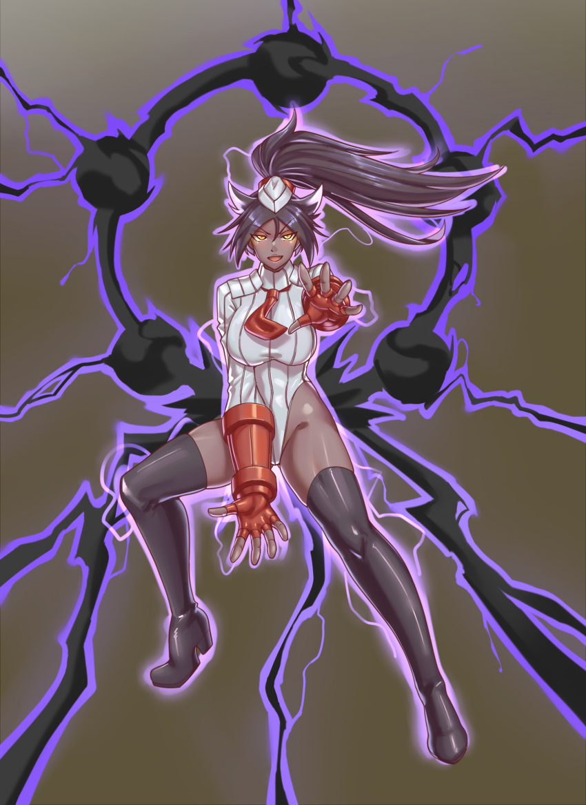 animal_ears aura black_hair bleach boots breasts capcom dark_skin electricity female_only femsub fingerless_gloves gloves glowing glowing_eyes gradient_background happy_trance hat high_heels leebigtree leotard looking_at_viewer open_mouth ponytail shadaloo_dolls shoulder_pads solo street_fighter thigh_boots thighhighs tie yellow_eyes yoruichi_shihoin