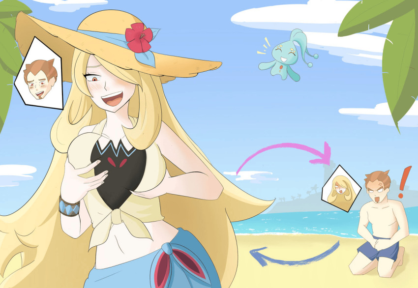 alternate_costume androgynous_dom angry arrow bare_shoulders barefoot beach blonde_hair blush body_swap breast_fondling brown_hair cleavage clothed cynthia eye_color_change femsub floating goatee hair_covering_one_eye hat holding_breasts kneeling large_breasts leinst_(lein_tidk) maledom manaphy midriff navel nintendo orange_eyes outdoors pokemon pokemon_(creature) pokemon_diamond_pearl_and_platinum possession short_hair sitting smile swimsuit symbol topless trees very_long_hair white_eyes