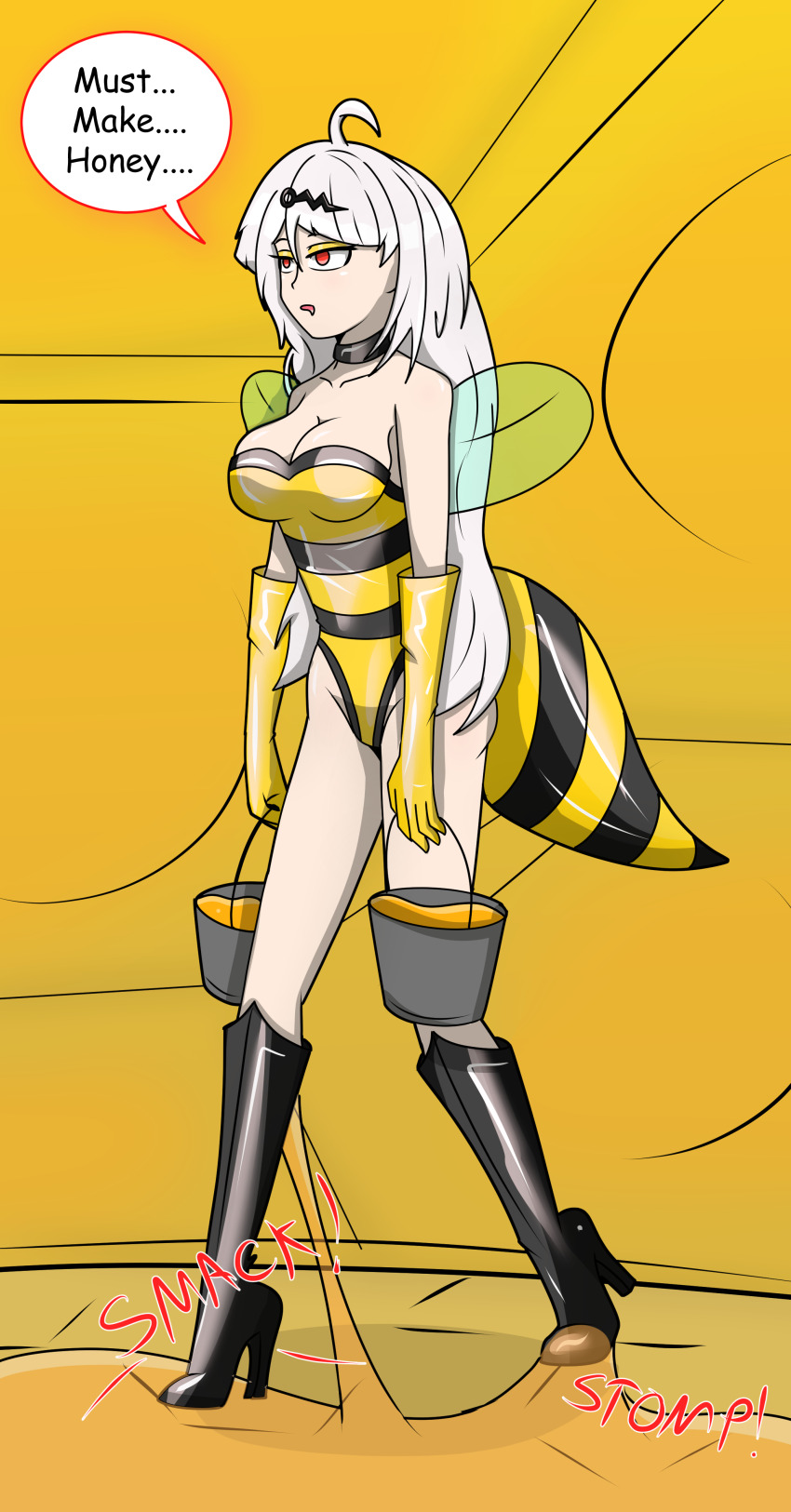 bangs bee_girl boots clothed collar dazed english_text eyeshadow female_only femsub forced_employee gloves hair_ornament hy2300 leather leotard long_hair mantra open_mouth red_eyes speech_bubble text white_hair wings yixuan_(zenless_zone_zero) zenless_zone_zero