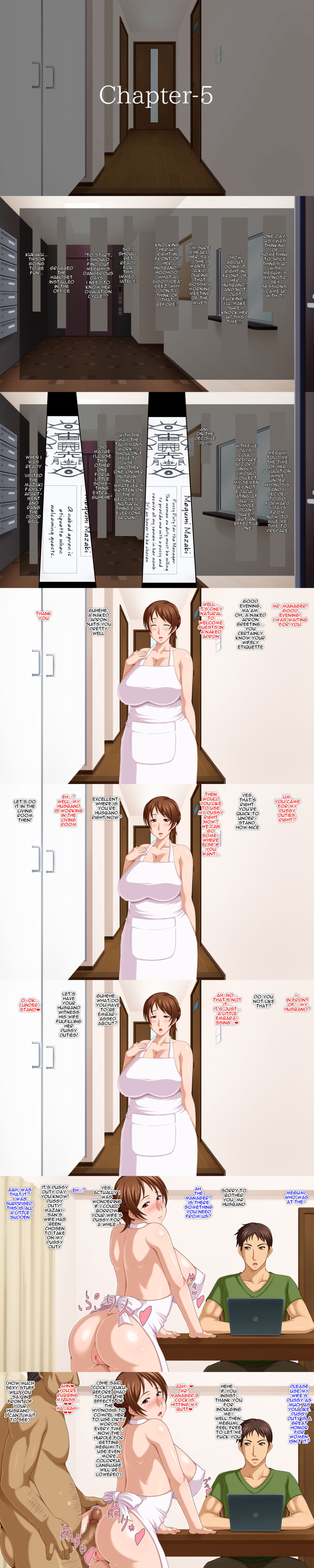 absurdres age_difference altered_common_sense anus apron brown_eyes brown_hair censored cheating closed_eyes clothed dialogue english_text femsub grey_hair hard_translated huge_breasts huge_cock hypnotic_cuckolding large_penis maledom malesub megumi_mazaki milf mr._manager_(saimin_reifu) multiple_boys multiple_subs naked_apron netorare nude penis pubic_hair pussy red_eyes saimin_reifu talisman text tomite translated