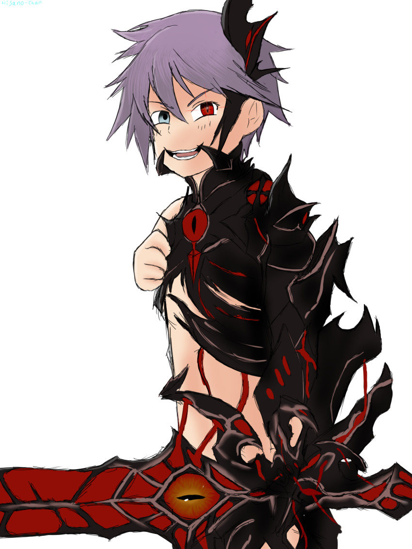 alternate_costume bare_shoulders corruption cursed_sword_(monster_girl_encyclopedia) evil_smile eye_color_change glowing_eyes green_eyes heterochromia hisano looking_at_viewer luka_(monster_girl_quest) male_only malesub monster_girl_encyclopedia possession red_eyes short_hair simple_background slit_pupils smile sword transparent_background weapon