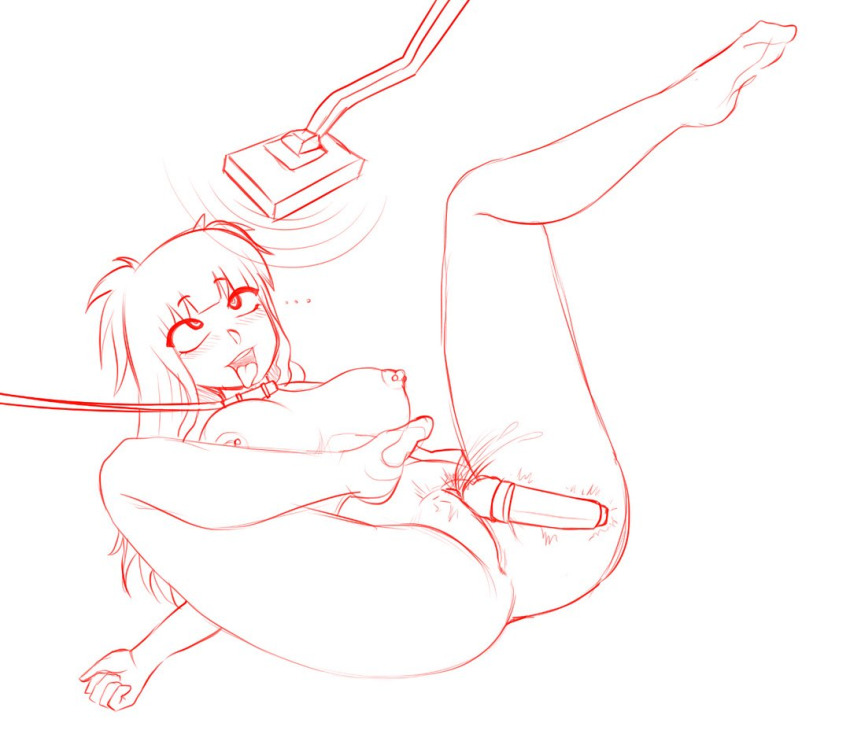blush bottomless breasts collar cum cum_in_pussy happy_trance hypnotic_screen komi_(yumiiart) leash legs_up long_hair lying monochrome nude original sex_toy sketch tech_control text topless vaginal vibrator yumiiart
