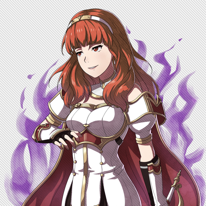 aura bare_shoulders breasts cape celica_(fire_emblem) corruption duma_(fire_emblem) enluna53 evil_smile femsub fingerless_gloves fire_emblem fire_emblem_echoes fire_emblem_fates fire_emblem_gaiden fire_emblem_heroes gloves happy_trance long_hair maledom nintendo orange_eyes orange_hair possession smile sword