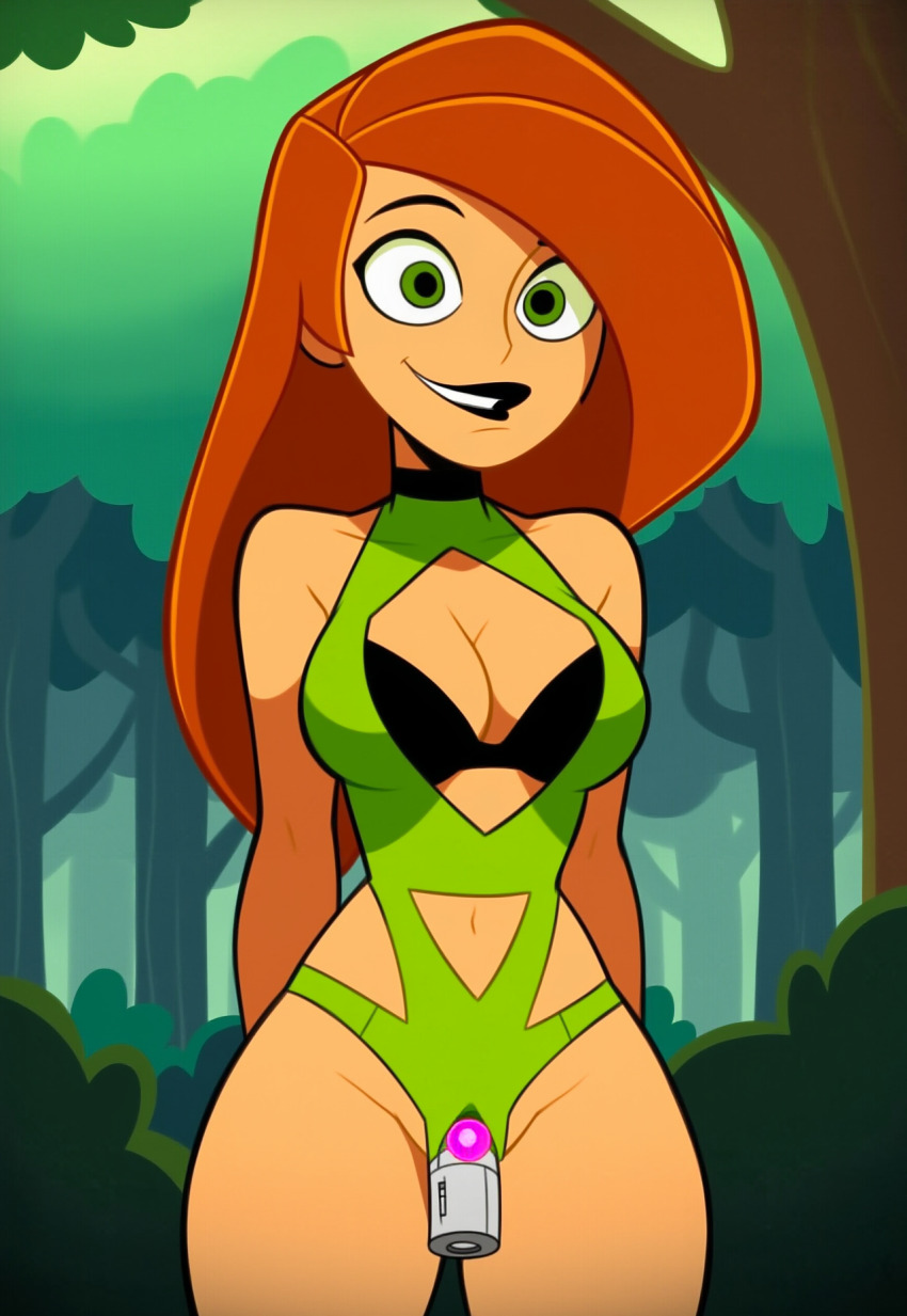 ai_art black_lipstick choker dildo empty_eyes femsub happy_trance hellsing002_(generator) kim_possible kim_possible_(series) lingerie outdoors red_hair smile standing standing_at_attention tech_control
