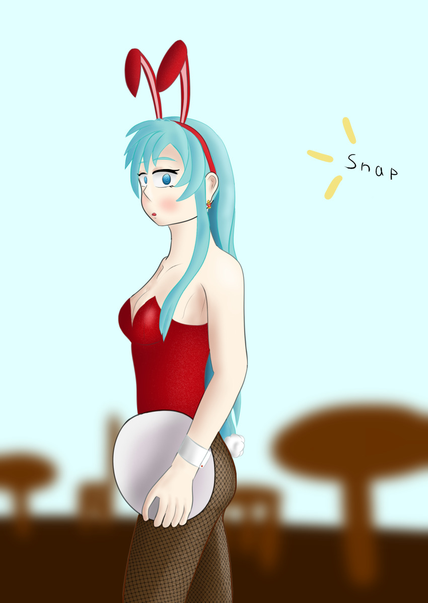 ass bare_shoulders blue_background blue_eyes blue_hair blush breasts bunny_ears bunnysuit chair cleavage collarbone confuzzled crossed_legs cuffs earrings eirika_(fire_emblem) female_only femsub finger_snap fire_emblem fire_emblem_the_sacred_stones fishnets leotard long_hair looking_back nintendo open_mouth simple_background solo spiral_eyes table tail tray waitress