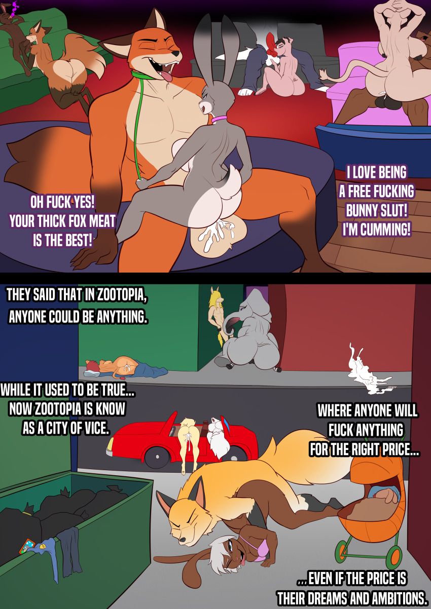 albinefoxxo bad_end brain_drain bunny_boy bunny_girl collar comic corruption cum cum_in_pussy dialogue disney drugs elephant_girl fox_boy fox_girl furry horse_boy judy_hopps lion_girl nick_wilde pig_girl prostitution public_use smoking text western zootopia
