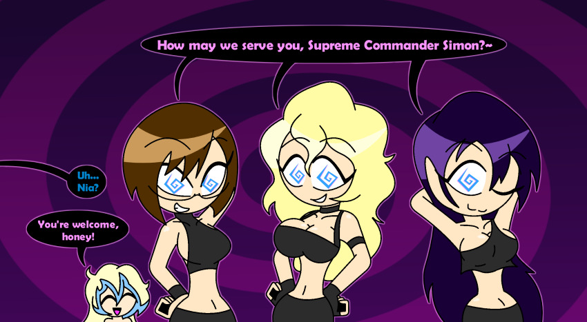 arms_above_head assertive_sub bare_shoulders blonde_hair blue_eyes bracelet brown_hair chibi choker cleavage collarbone crop_top eyebrows_visible_through_hair eyelashes female_only femdom femsub fingerless_gloves glasses gurren_lagann hand_on_hip happy_trance harem hypnoscream kinon_bachika kiyal_bachika kiyoh_bachika large_breasts long_hair looking_at_viewer male_pov midriff multicolored_hair multiple_doms multiple_girls multiple_subs navel nia_teppelin posing pov_dom purple_hair shiny_hair shiny_skin short_hair sideboob simon_(gurren_lagann) sisters skirt smile speech_bubble spiral_background spiral_eyes standing text wide_hips wink