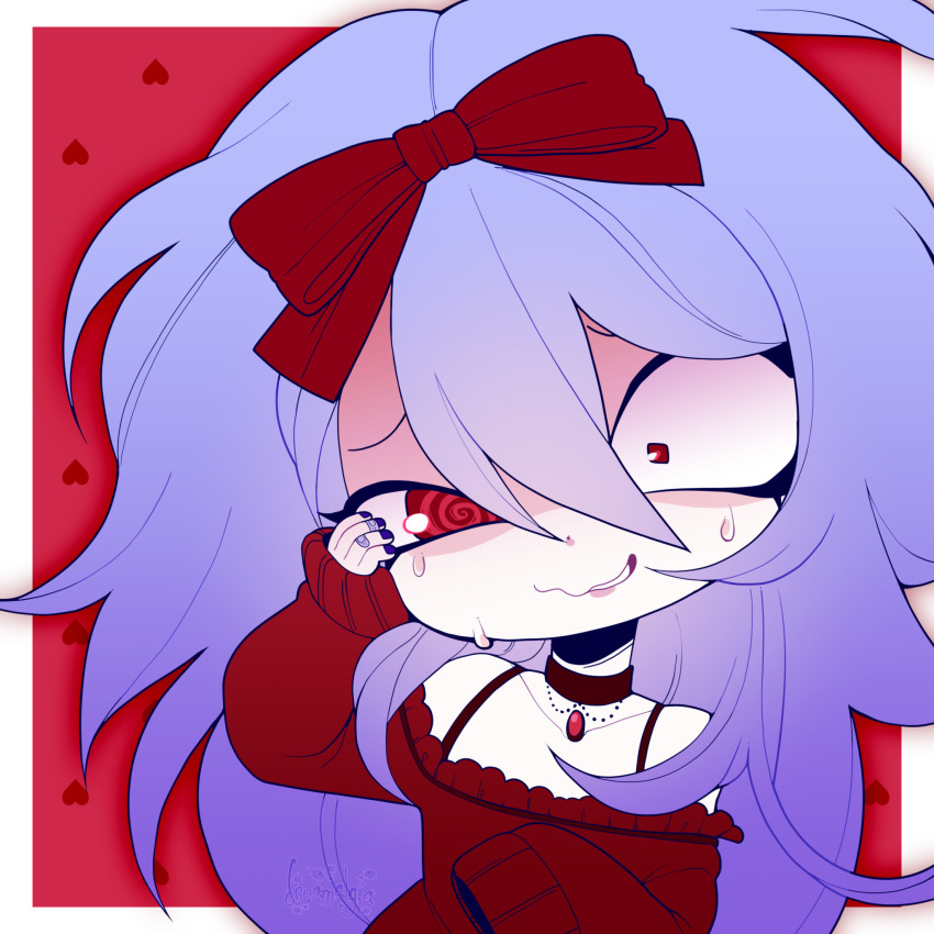 bow chibi choker dreamalgia femsub original purple_hair red_eyes solo spiral_eyes sweat