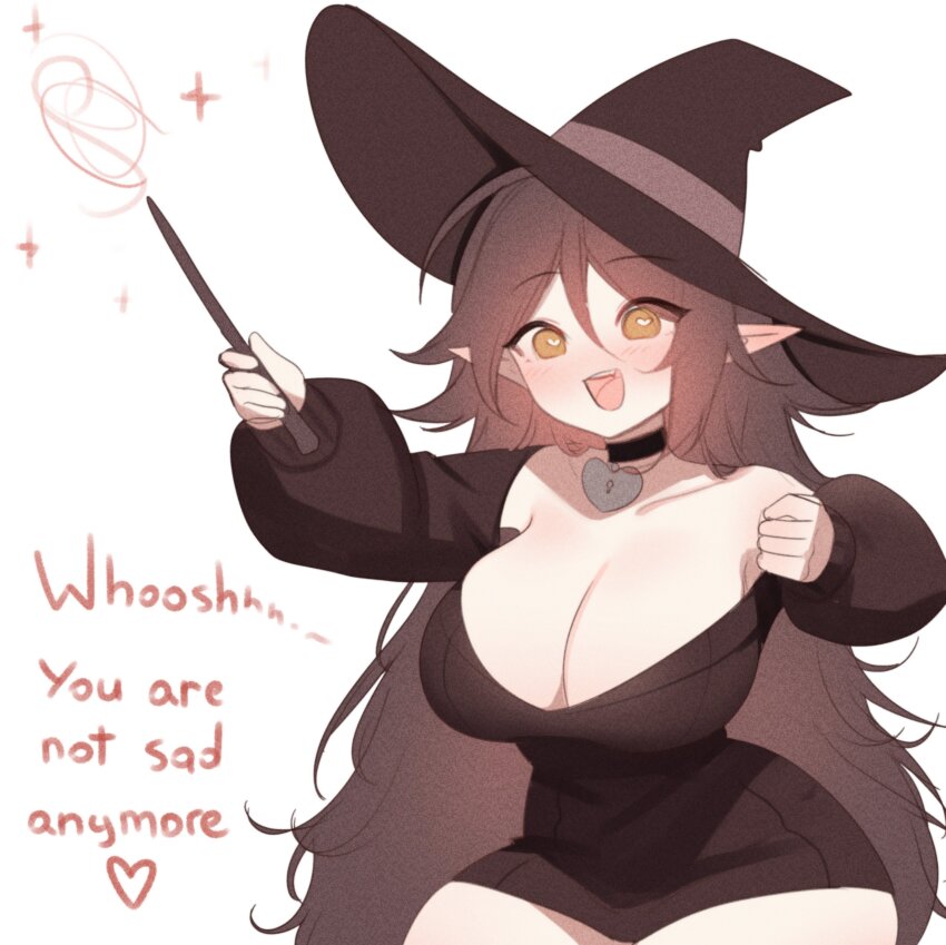 absurdres bare_shoulders blush brown_hair character_request choker cleavage clothed collarbone dialogue elf elf_ears english_text eyebrows_visible_through_hair female_only femdom halloween happy_trance hat heart heart_eyes hourglass_figure huge_breasts hypnotic_magic large_breasts looking_at_viewer magic magic_wand open_mouth original pov_sub shortstack simple_background skyaboveme solo sparkle sweater text thick_thighs very_long_hair white_background wholesome witch witch_hat yellow_eyes