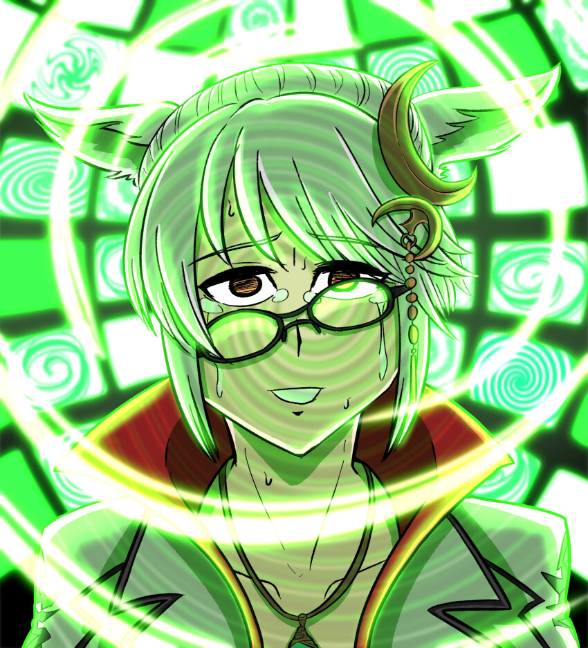 animal_ears brown_eyes character_request clothed collarbone complex_background empty_eyes eyebrows_visible_through_hair glasses hair_clips jacket looking_at_viewer majinsfw monitor necklace smile spiral_background sweat tears white_hair