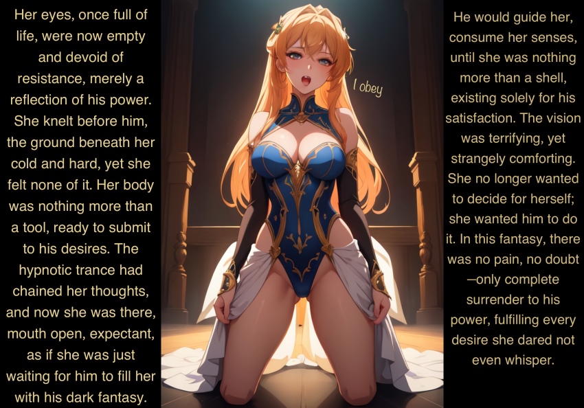 ai_art bare_shoulders blonde_hair breasts caption caption_only dress empty_eyes expressionless female_only femsub kneeling open_mouth pov pov_dom text