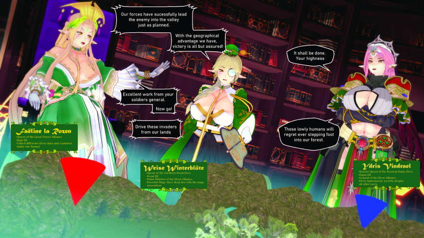 3d aware blonde_hair cleavage clothed dialogue elf elf_ears english_text female_only large_breasts long_hair milf monocle multiple_girls original pengi13 pink_hair text yellow_eyes