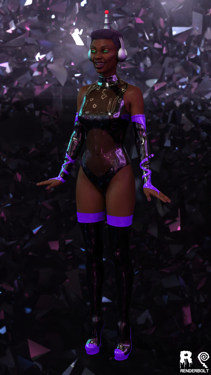 3d absurdres antenna bare_shoulders dark_skin fembot femsub fingerless_gloves gloves green_eyes happy_trance headphones latex lipstick makeup opera_gloves original rc-renderbolt robotization rubber see-through short_hair smile spiral_eyes standing thigh_boots thighhighs