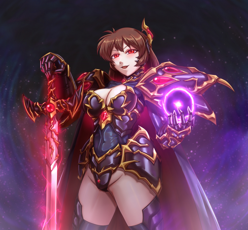 alternate_costume armor aura bozel_(langrisser) breasts brown_hair cape cleavage corruption evil_smile femsub freya_(langrisser) gauntlets glowing glowing_eyes happy_trance langrisser leebigtree long_hair magic open_mouth orb possession red_eyes smile sword thighhighs thighs weapon