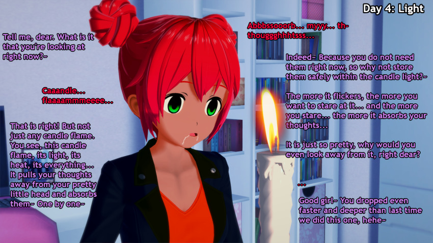 3d candle consensual dialogue empty_eyes english_text expressionless green_eyes hair_buns hypnotic_fire hypnotic_light hypnovember koikatsu! liz_b original red_hair text veronica_(liz_b) willow_(liz_b)