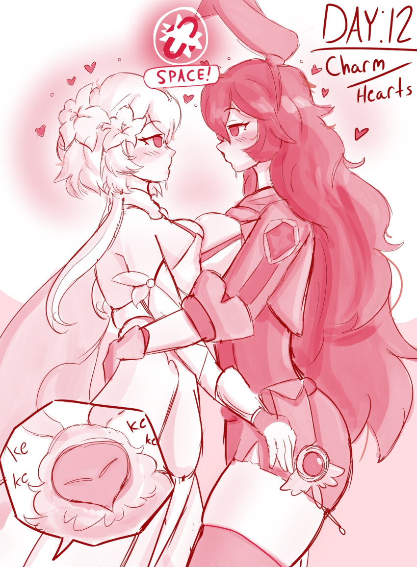 a_singular_fish abyss_mage_(genshin_impact) amber_(genshin_impact) aura bare_shoulders belt blush bodysuit bracers breast_press bunny_ears charm_(spell) cleavage cleavage_cutout dress drool emblem empty_eyes english_text eyebrows_visible_through_hair female_only femsub fingerless_gloves flower flower_in_hair fur_coat gameplay_mechanics genshin_impact gloves hair_ribbon heart hug hypnovember jacket jewelry large_breasts laughing long_hair love lumine_(genshin_impact) monochrome necklace open_mouth opera_gloves shorts simple_background skirt sub_on_sub symbol symmetrical_docking text thick_thighs thighhighs tight_clothing white_background yuri