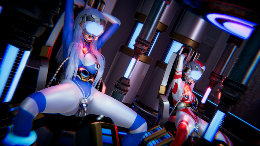 3d arms_above_head bodysuit breast_sucking chair collar female_only femsub genderswap gloves headphones helmet honey_select_2 long_hair milking_machine multiple_girls multiple_subs original personification restrained sex_machine spread_legs tech_control thighhighs twintails ultraman vaginal visor white_hair white_skin zhu_shimo