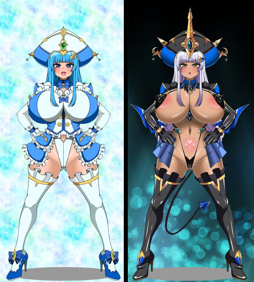 3d before_and_after black_background blue_background blue_eyes blue_hair blush bow bow_tie cameltoe cleavage clothed_exposure corset crotch_tattoo eyeshadow fake_tail femsub frozen_gingasan hair_ornament hand_on_hip hat high_heels huge_breasts jewelry leotard long_hair looking_at_viewer magical_girl makeup miniskirt navel open_mouth opera_gloves rain_(ts_mahou_shoujo_nao!) skirt slave_gear_(ts_mahou_shoujo_nao!) sling_bikini standing straight-cut_bangs tail tan_skin tattoo thigh_boots thighhighs ts_mahou_shoujo_nao! yellow_eyes