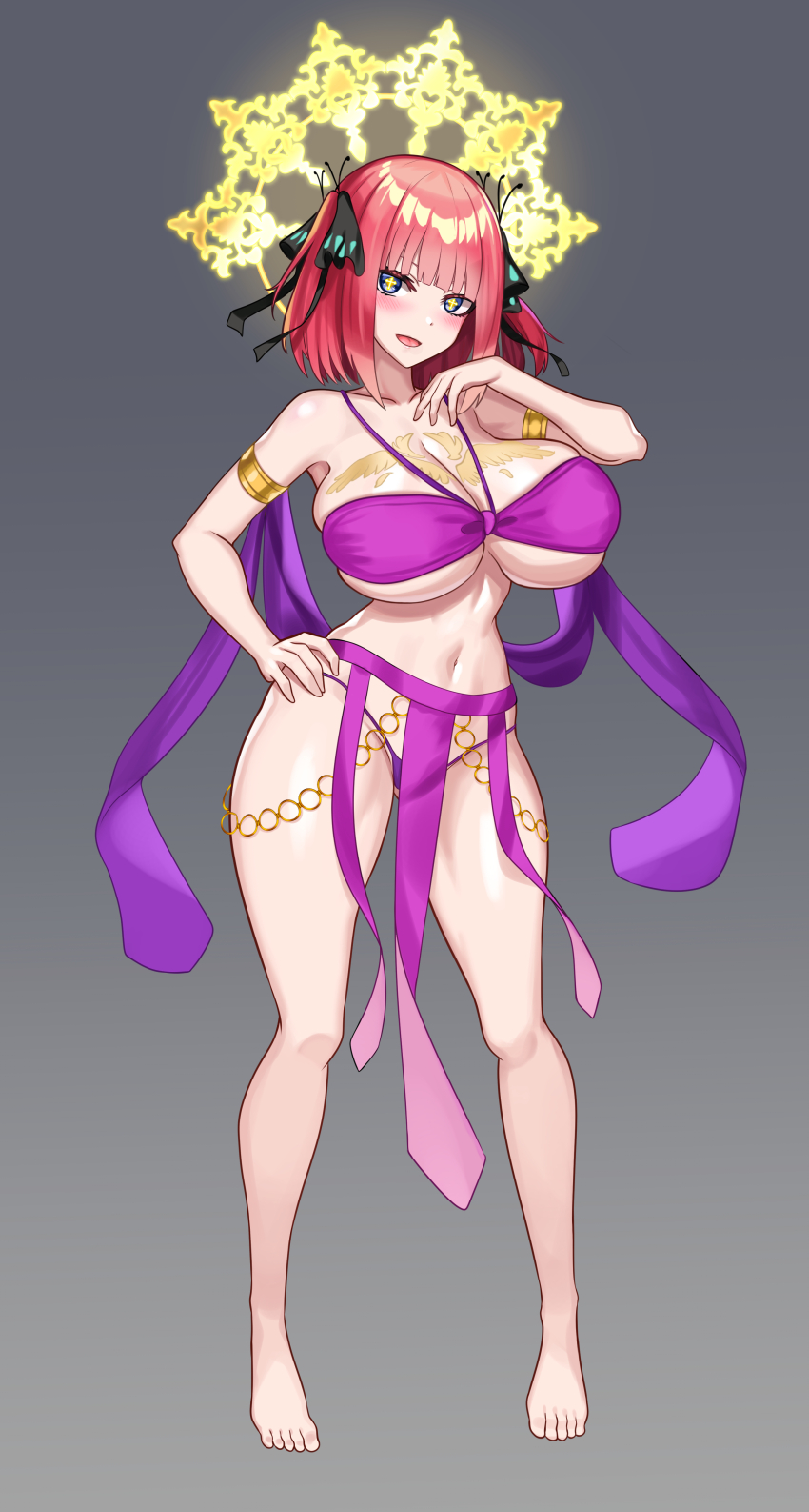 bare_legs bare_shoulders bikini blue_eyes breasts cleavage collarbone dancer feet femsub goddess halo happy_trance harem_outfit huge_breasts nez-box nino_nakano purification red_hair symbol_in_eyes tattoo the_quintessential_quintuplets thighs wide_hips