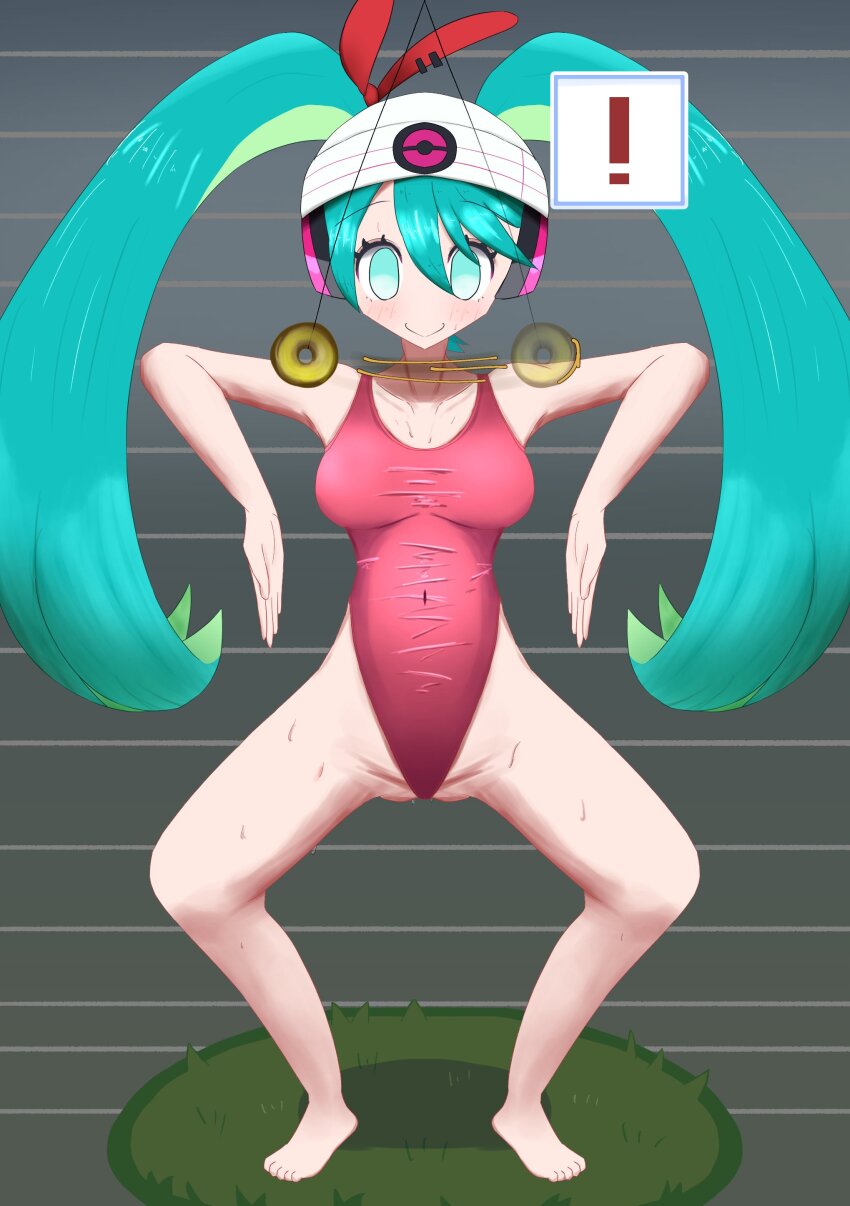 beanie blue_eyes blush breasts empty_eyes haigure hair_ornament happy_trance headphones huge_breasts leotard long_hair miku_hatsune multicolored_hair nintendo pendulum pokemon project_voltage psychic_miku_(project_voltage) smile spread_legs squatting sweat swimsuit test_aaa114514 twintails vocaloid