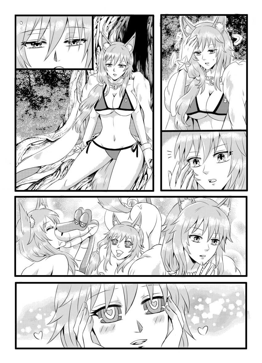 awakening bikini blush breasts caster_(fate/extra) comic disney fate/extra fate/grand_order fate_(series) fox_ears fox_girl fox_tail happy_trance heart_eyes jungle kaa kaa_eyes kissing long_hair monochrome nilanandita nude penis smile snake tamamo_no_mae the_jungle_book tongue_out