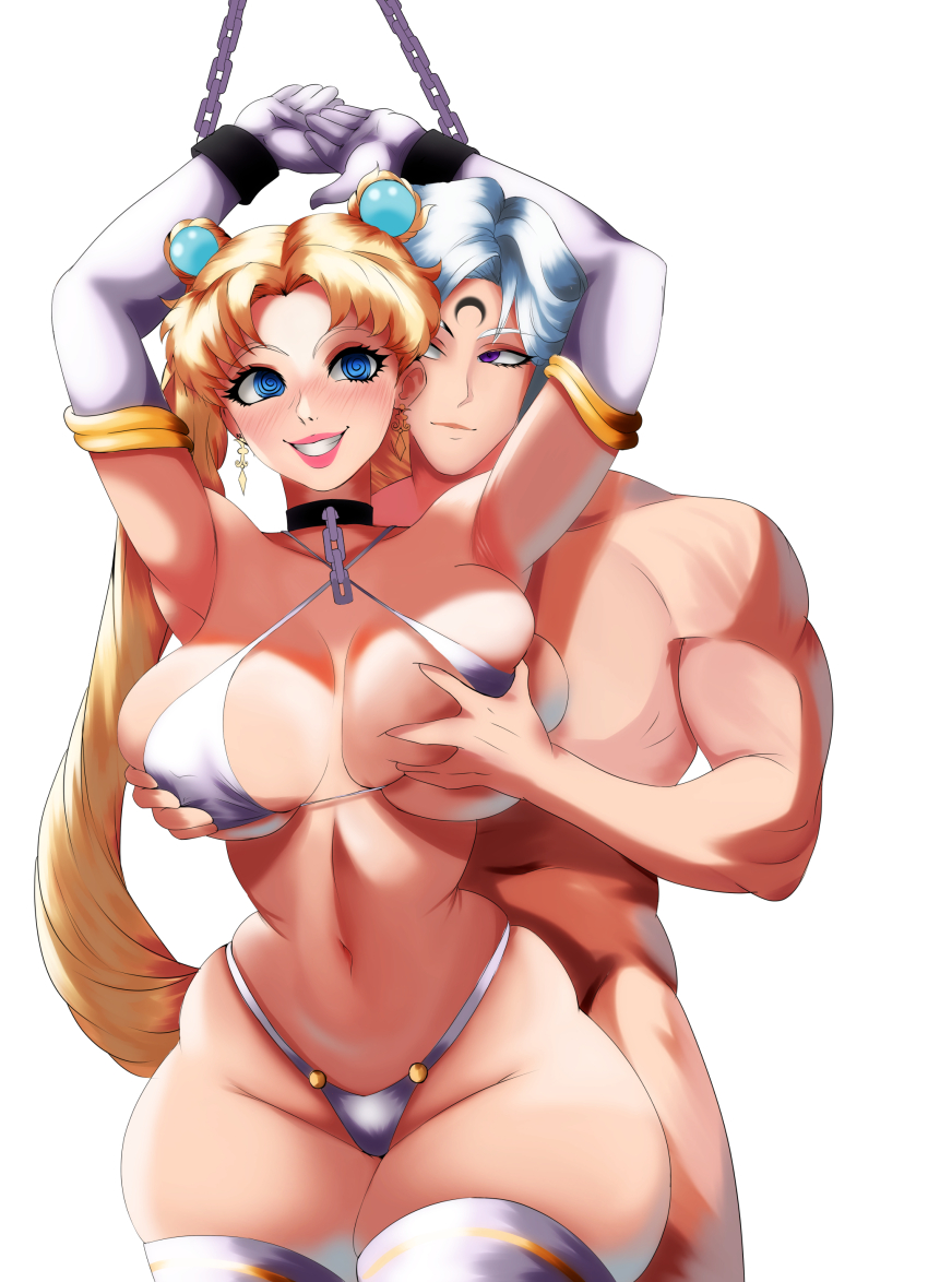 abs arant_king armpits arms_above_head blonde_hair blue_eyes blush bondage bra breast_grab chains collar earrings facial_markings femsub from_behind gloves happy_trance jewelry large_breasts leash lipstick long_hair maledom micro_bikini navel nude opera_gloves panties prince_demande purple_eyes restrained sailor_moon sailor_moon_(series) short_hair smile spiral_eyes thick_thighs thighhighs thighs thong twintails white_hair wide_hips