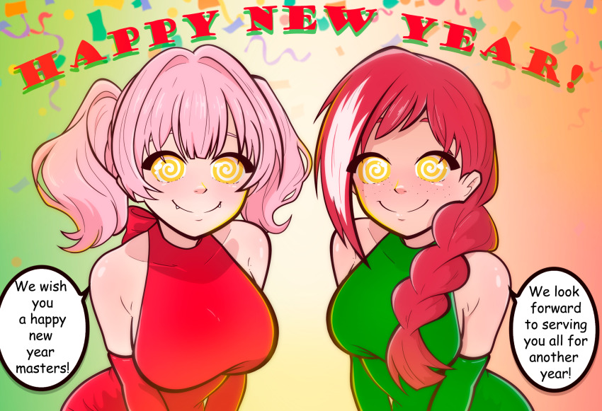 alternate_costume bare_shoulders bow braid canna_(disguised_hypnotist) clothed dialogue disguised_hypnotist dress female_only femsub gloves gradient_background happy_trance leaning_forward long_hair looking_at_viewer maledom melody_(disguised_hypnotist) multiple_girls multiple_subs new_years opera_gloves original pink_hair ponytail red_dress red_hair smile speech_bubble spiral_eyes spiralwash_eyes tagme text twintails yellow_eyes