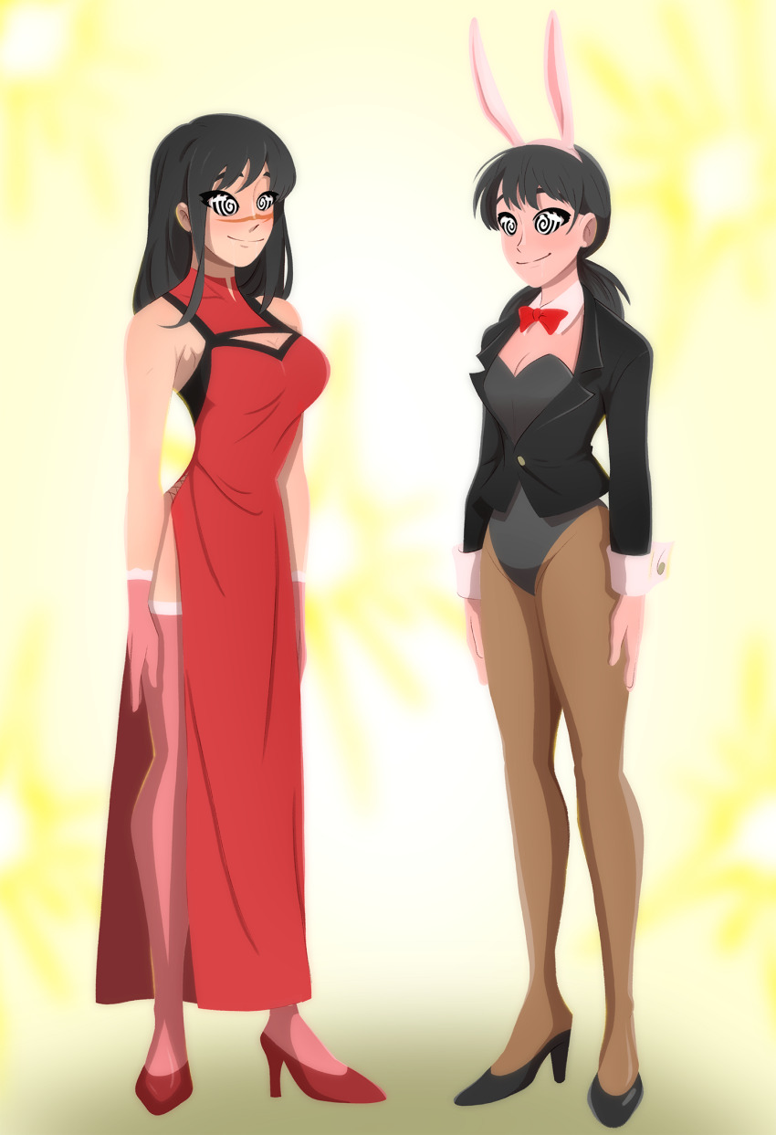 alternate_costume asa_mitaka black_hair bow_tie bunny_ears bunnysuit camera chainsaw_man disguised_hypnotist femsub happy_trance high_heels pantyhose red_dress smile spiral_eyes tagme thighhighs yoru_(chainsaw_man)