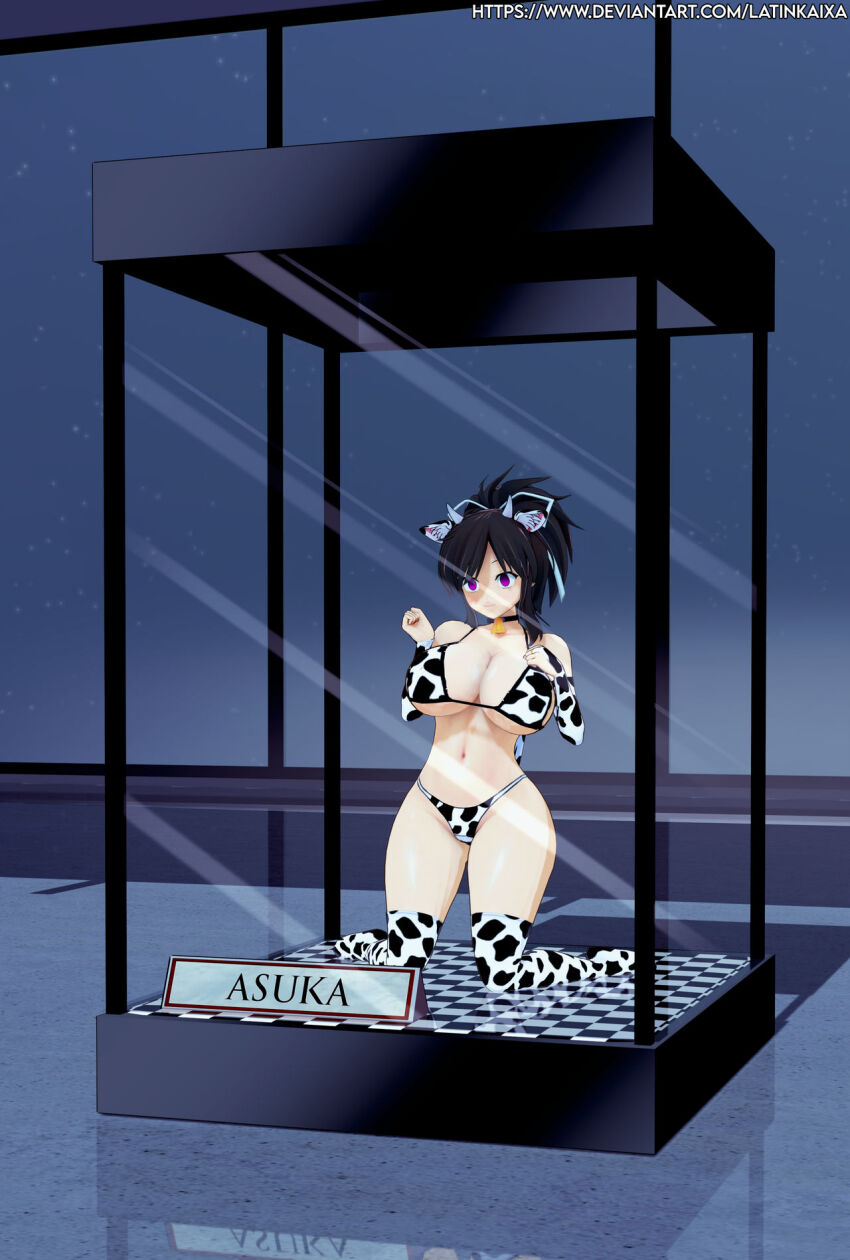 3d asuka_(senran_kagura) cow_girl display dollification empty_eyes femsub happy_trance horns large_breasts latinkaixa posed senran_kagura swimsuit