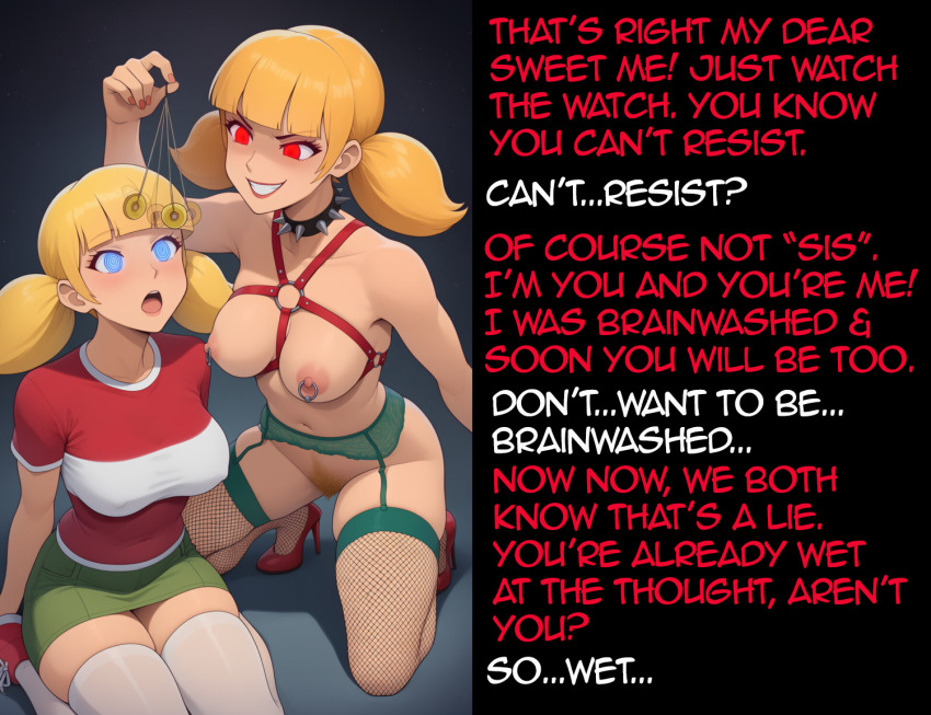 aged_up ai_art ass awakening bad_end bangs bed blonde_hair blue_eyes coin collar comic corruption defeated enemy_conversion enthralled01_(generator) enthralled01_(manipper) evil_smile female_only femdom femsub fishnets garter_belt garter_straps glowing_eyes high_heels huge_breasts hypnotized_dom inspector_gadget_(series) large_breasts legs lying midriff miniskirt nipple_piercing nipples on_back open_mouth pendulum penny_gadget piercing pink_eyes pubic_hair pussy selfcest shirt short_hair skirt sleeping sneakers spiral_background straight-cut_bangs text thighhighs twintails