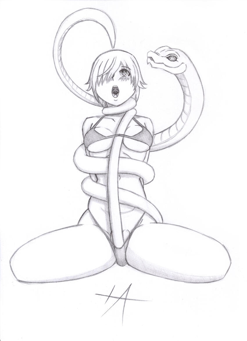 androgynous_dom arms_behind_back asphyxiation bare_shoulders bikini bikini_bottom bikini_top blush bondage breasts cleavage coils crotch_rub fate/grand_order fate_(series) femsub greyscale hair_covering_one_eye hypnotic_eyes iashmoreart kneeling mashu_kyrielight midriff navel restrained ring_eyes short_hair simple_background simulated_paizuri sitting snake thighs white_background