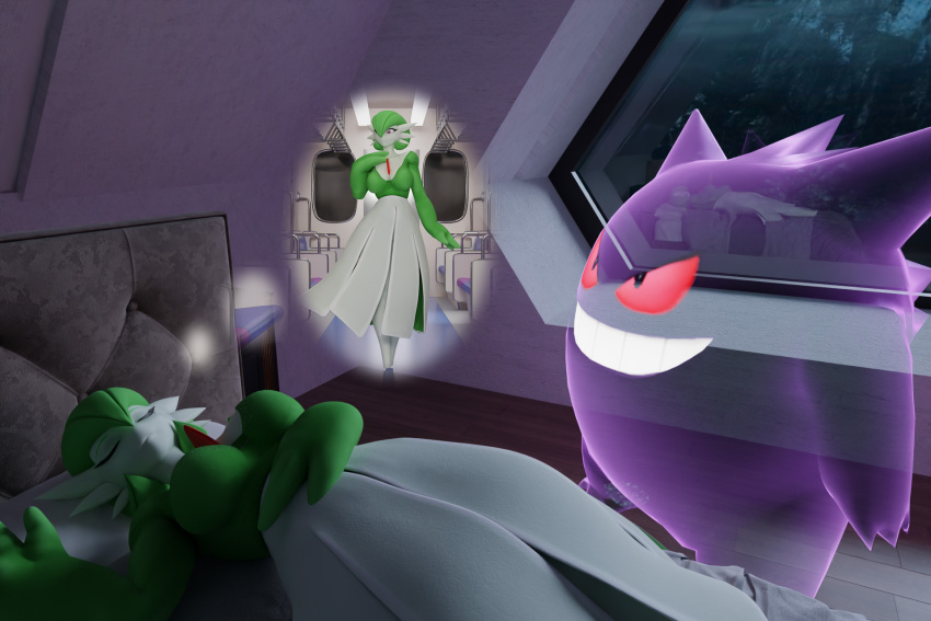 3d bed bedroom breasts closed_eyes complex_background femsub feverdreamerr gardevoir gengar green_hair nintendo on_back pokemon possession red_eyes sleeping tagme thought_bubble