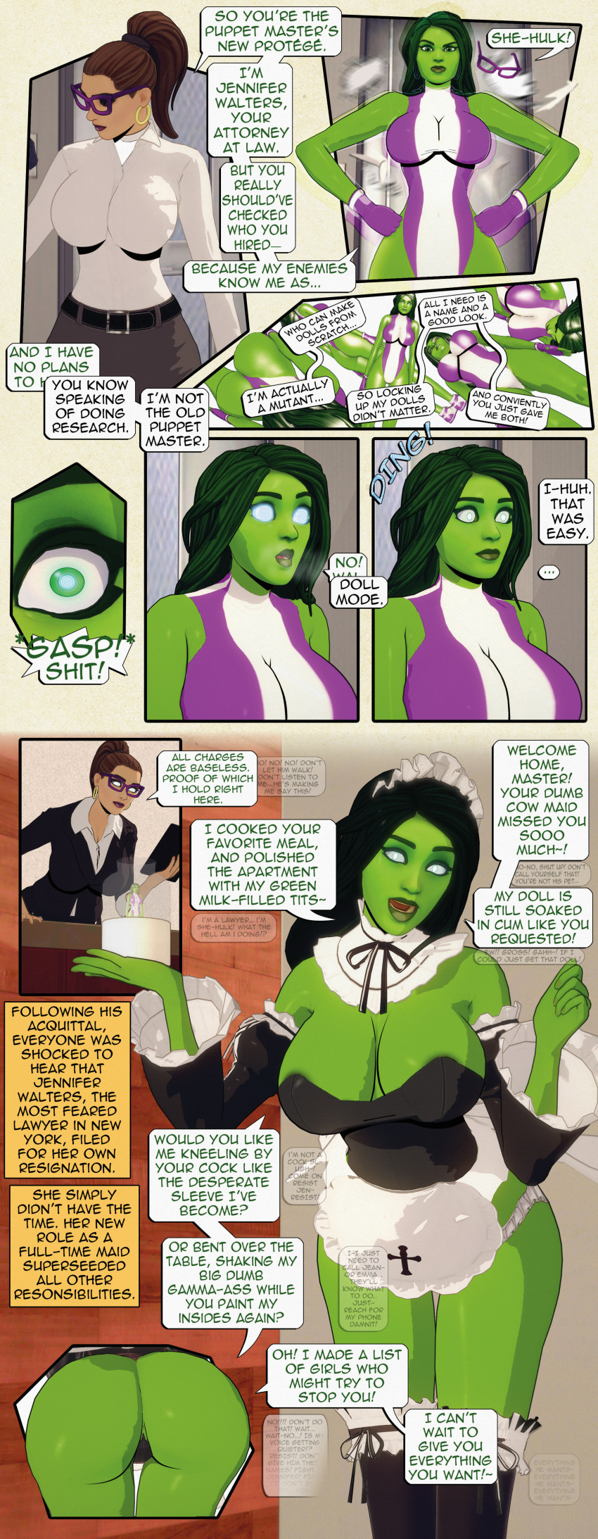 ass aware black_hair blue_eyes breasts brown_hair cleavage comic cum dazed dogdog doll english_text expressionless female_only femsub glasses gloves green_eyes green_hair green_lipstick green_skin happy_trance huge_ass jennifer_walters large_breasts leotard lipstick long_hair maid marvel_comics open_mouth ponytail puppet puppet_master resisting she-hulk spiral_eyes super_hero symbol_in_eyes text voodoo_doll