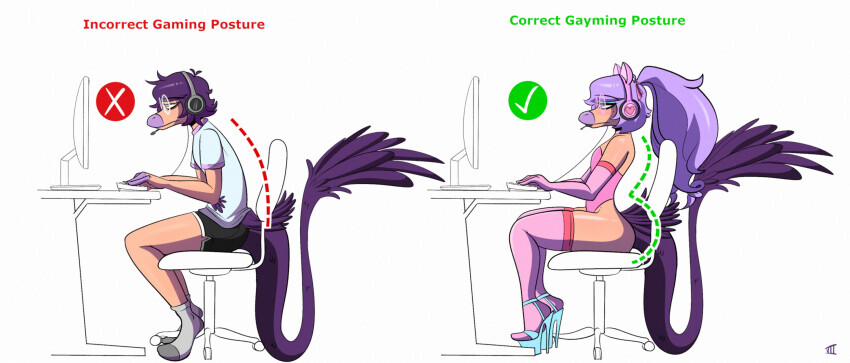 before_and_after chair computer crossdressing dinosaur_boy femboy feminization furry glasses gloves goodbye_volcano_high headphones high_heels malesub meme opera_gloves sage_(goodbye_volcano_high) sitting solo text thigh_boots transformation transgender_identity transmasc twintails vii-xviii