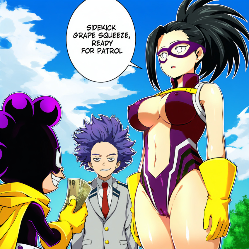 ai_art black_hair costume empty_eyes english_text expressionless femsub gloves hellsing002_(generator) hitoshi_shinso maledom mask minoru_mineta momo_yaoyorozu money my_hero_academia purple_hair school_uniform smirk speech_bubble text