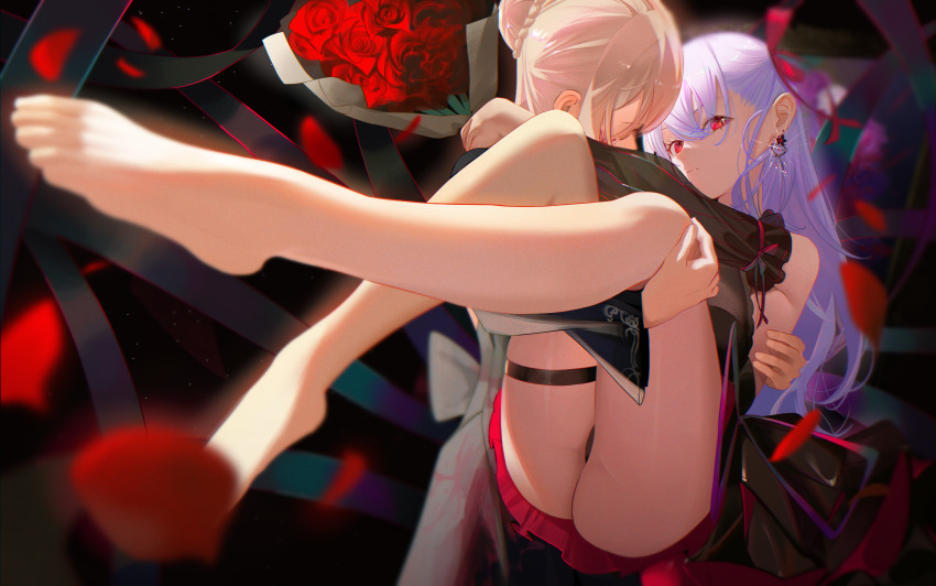 absurdres alternate_costume alternate_hair_color angra_mainyu ass aura bare_legs bare_shoulders barefoot blonde_hair blood carrying cherrymaru corruption dark_sakura earrings eye_color_change fate/stay_night fate/stay_night_heaven&#039;s_feel fate_(series) feet femsub flower foot_focus hair_color_change jewelry legs looking_at_viewer multicolored_hair pink_hair possession purple_hair red_eyes saber saber_alter sakura_matou slit_pupils sub_on_sub thigh_focus very_long_hair white_hair yuri