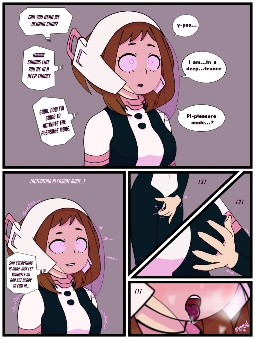 breast_grab brown_hair comic countdown dazed dialogue drool erect_nipples erect_nipples_under_clothes female_only femsub fingering forced_orgasm hypnotic_eyes hypnotic_screen lip_biting m00n_key masturbation my_hero_academia ochaco_uraraka open_mouth pink_eyes pussy signature simple_background speech_bubble symbol_in_eyes text